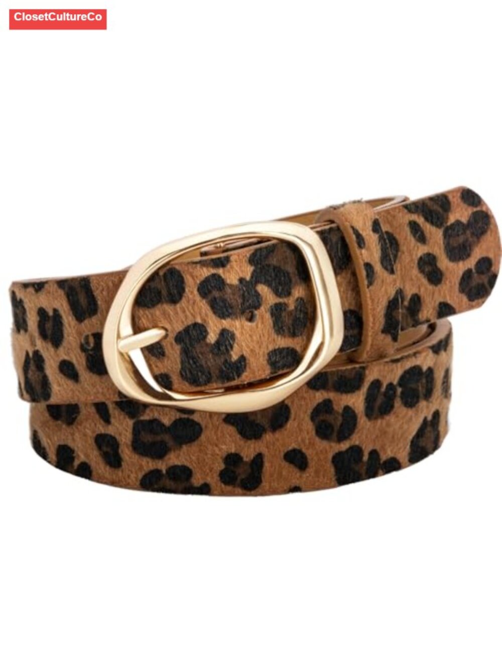Leopard Print PU Leather Belt for Women with Gold Buckle
